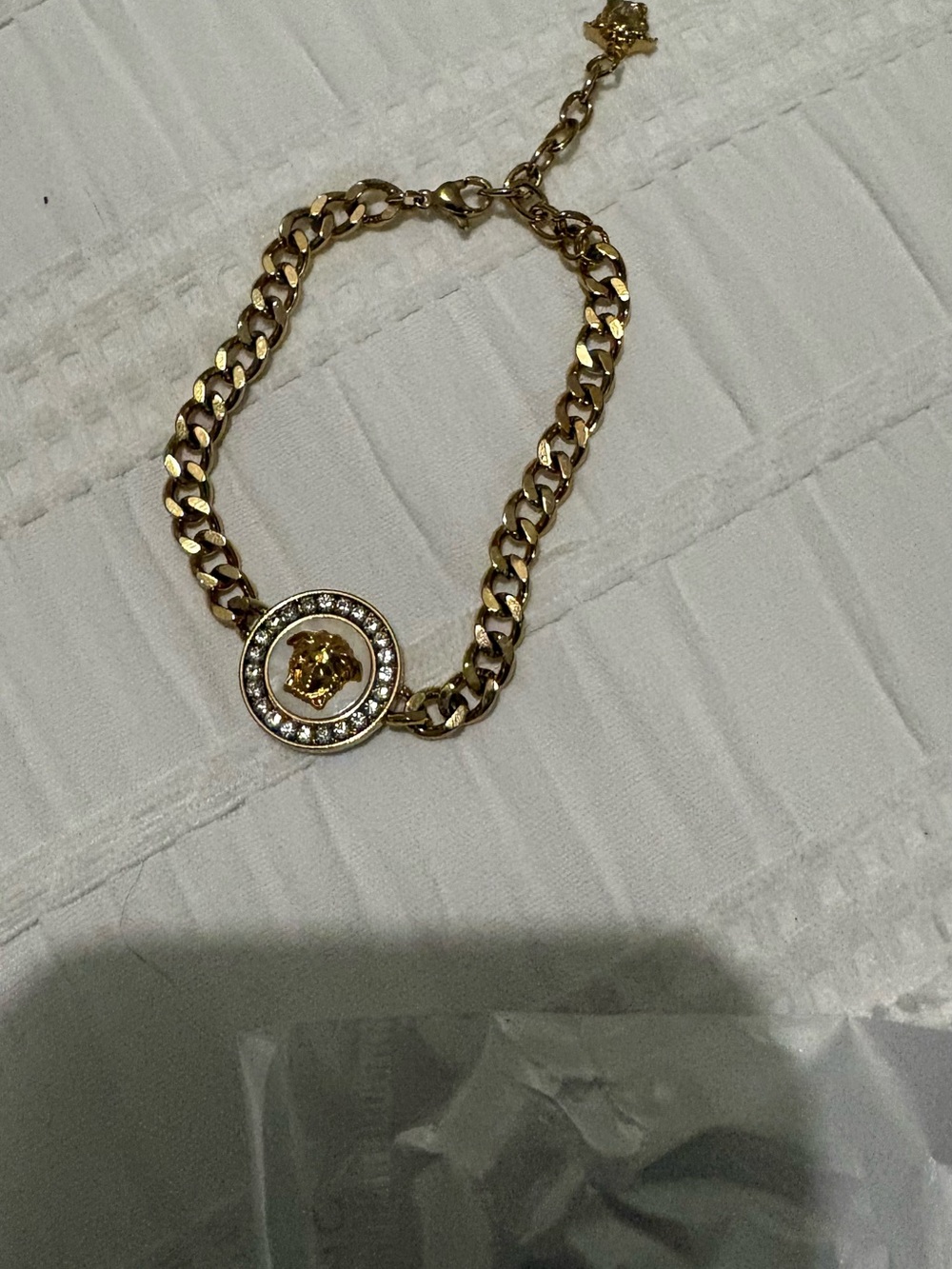 Gold-Tone Medallion Chain Bracelet with Crystal Accents